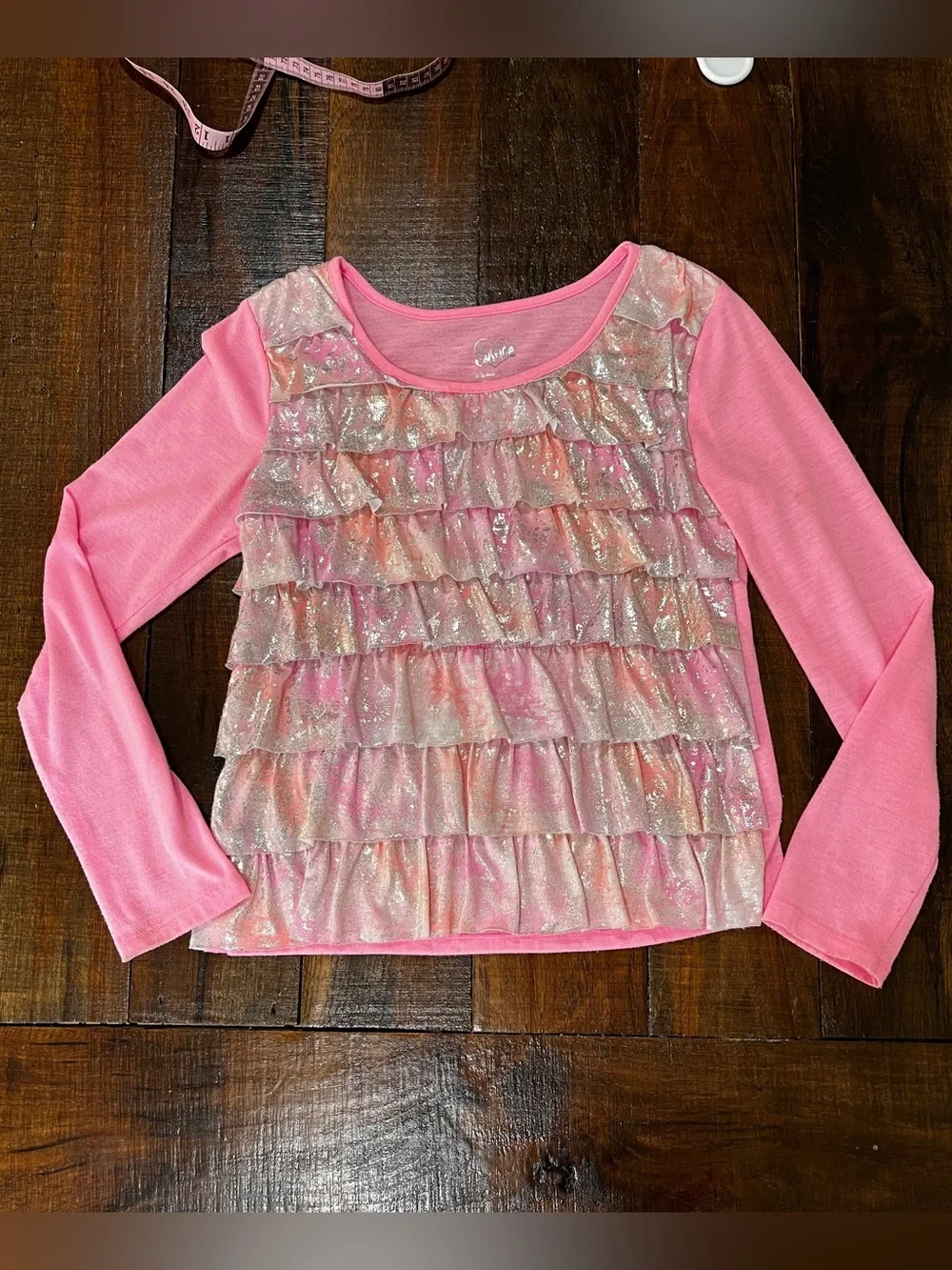 Y2K Justice Pink Ruffle Sparkle Long-Sleeve Top for Girls